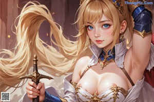 A woman in armor holding a sword in front of a mountain.